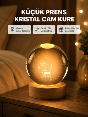 Beruflic 8 cm Küçük Prens Cam Küre USB Işıklı Ahşap Tabanlı Dekor