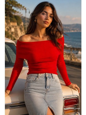Madmext Kırmızı Madonna Yaka Uzun Kollu Triko Kazak MG2184