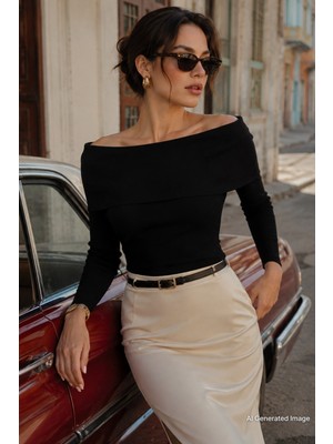 Madmext Siyah Madonna Yaka Uzun Kollu Triko Kazak MG2184