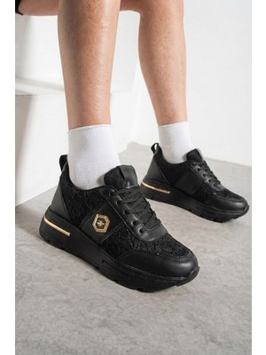 İmershoes Kadın Dantel ve Gold Detaylı Kalın Taban Günlük Sneaker Ayakkabı 0873