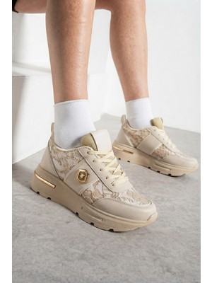 İmershoes Kadın Dantel ve Gold Detaylı Kalın Taban Günlük Sneaker Ayakkabı 0873