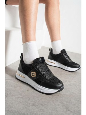 İmershoes Kadın Dantel ve Gold Detaylı Kalın Taban Günlük Sneaker Ayakkabı 0873
