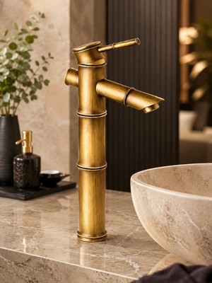 FUALORA Bambu Tasarım Eskitme Gold Yüksek Çanak Lavabo Bataryası