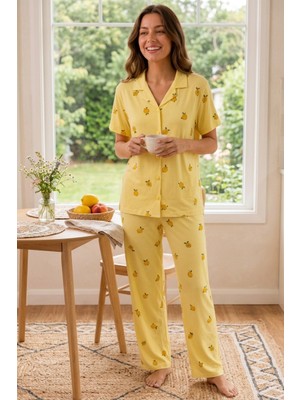 Y&b Co. Sarı Limon Pattern Düğmeli Kadın Pijama Takımı