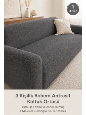 Btf Home Yumuşacık Welsoft Koltuk Örtüsü Kaymaz Esnek Düz Antrasit Renk 3 Kişilik 1 Parça