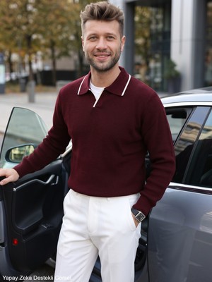 Kamalı Erkek Bordo Oversize Selanik Örgü Polo Yaka Triko Kazak