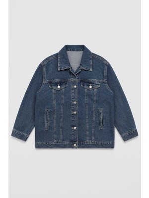Markapia Kadın Mavi %100 Pamuk Gömlek Yaka Oversize Jean Ceket