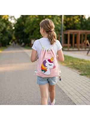 Reyn Punch Nakışlı El Yapımı Büzgülü Ipli Sırt Çantası - Unicorn Figürlü Pembe Bez Çanta