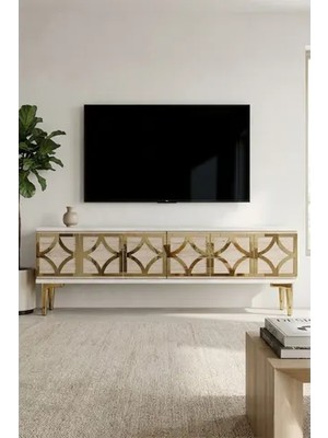 Vivense Lem Tv Sehpası Beyaz Traverten Gold 120 cm TSA1237BTG