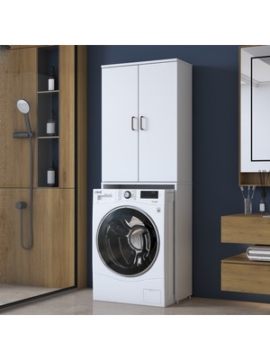 Rani Mobilya Rani KD138 Çamaşır Makinesi Dolabı 2 Kapaklı 2 Raflı Banyo Dolabı Beyaz