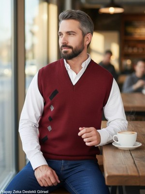 Kamalı Erkek Bordo Tüylenme Yapmayan Anti-pilling Standart Fit Normal Kesim V Yaka Triko Süveter