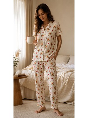 Y&b Co. Avokado Pattern Düğmeli Kadın Pijama Takımı