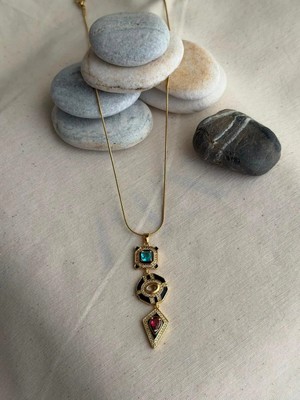 Triya Wear Studio Art Deco Üç Taşlı Zincir Kolye