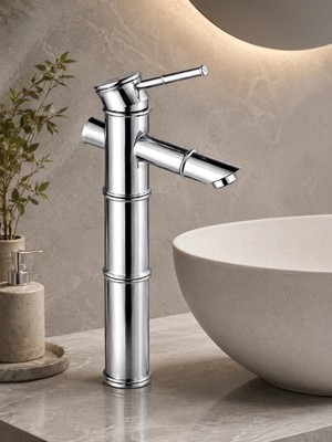 FUALORA Bambu Tasarım Gümüş Yüksek Çanak Lavabo Bataryası