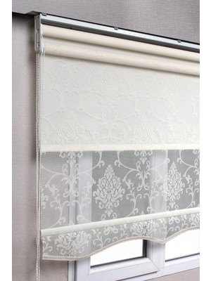 Bizden Perde Çift Mekanizmalı Kırık Beyaz Damask Desenli Tül ve Stor Güneşlik Perdeler