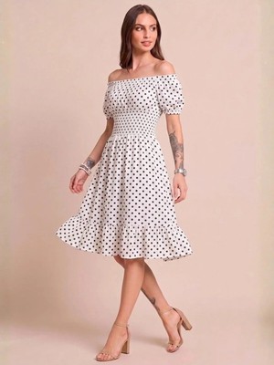Flu Butik Kadın Beyaz Karpuz Kollu Kısa Elbise Nokta Desen