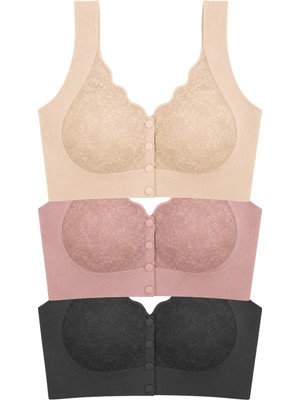 Cottonhill Seamless Bra - Lunessa | Lazer Kesim Dikişsiz Önden Düğmeli Dantelli Minimizer Kadın Sütyen 3'lü Paket-2