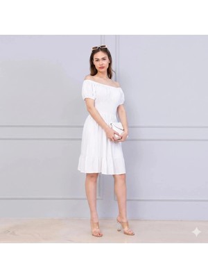 Flu Butik Kadın Karpuz Kol Kısa Elbise Sade Beyaz