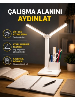 Marsilyan Kısılabilir LED Masa Lambası – Kalemlik ve Telefon Standlı, Göz Yormayan Işık Yeni Nesil