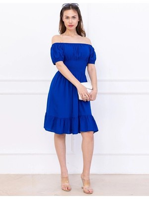 Flu Butik Kadın Karpuz Kollu Kısa Elbise Sade Sax