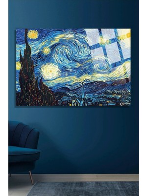 Marsilyan Van Gogh Yıldızlı Gece Dekoratif Cam Tablo | Salon ve Ofis Duvar Dekoru | Seri 62HCAA