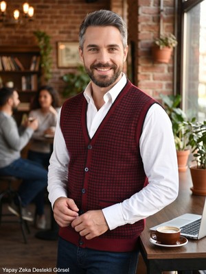 Kamalı Erkek Bordo Tüylenme Yapmayan Anti Pilling Kumaş Standart Fit Cepli Kışlık Kazayağı Triko Yelek