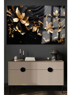 Marsilyan Altın Gold Çiçek Siyah Yapraklı Dekoratif Cam Duvar Tablosu | Modern Salon Dekoru | Seri Hbnvhn