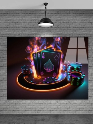 Marsilyan Neon Poker Kartları Modern Cam Tablo | Şık Duvar Sanatı ve Ev Dekoru | Seri Hluogx
