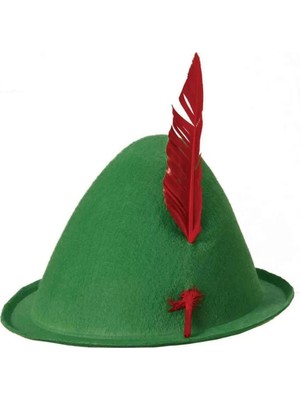 Magicool Yeşil Renk Kırmızı Tüylü Peter Pan Şapkası Robin Hood Şapkası 24X23 cm