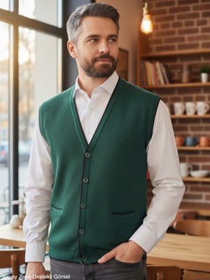 Kamalı Erkek Nefti V Yaka Triko Düğmeli Cepli Çizgi Desenli Regular Fit Tüylenmeyen Örgü Yelek