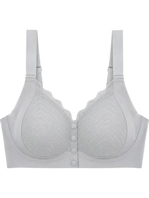 Cottonhill Seamless Bra - Larevia | Gri Lazer Kesim Önden Düğmeli Tül Detaylı Kadın Sütyen