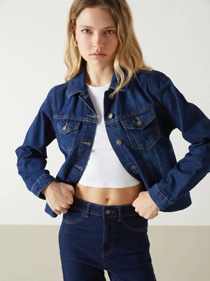 LC Waikiki Lcw Vision Indigo Gömlek Yaka Kadın Jean Ceket