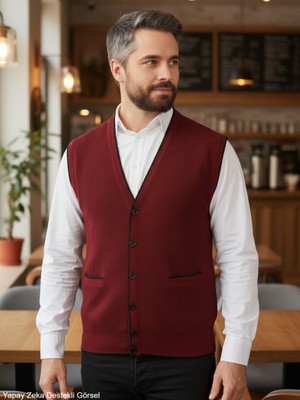 Kamalı Erkek Bordo V Yaka Triko Düğmeli Cepli Çizgi Desenli Regular Fit Tüylenmeyen Örgü Yelek