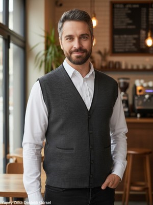 Kamalı Erkek Gri V Yaka Triko Düğmeli Cepli Çizgi Desenli Regular Fit Tüylenmeyen Örgü Yelek