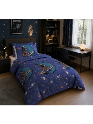 Lief Home Astronot Uzay Desenli Tek Kişilik Nevresim 160X220, Lastikli Çarşaflı 120X200, Genç&çocuk Nevresim Takımı