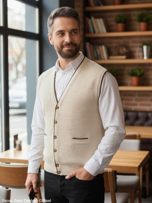 Kamalı Erkek Krem V Yaka Triko Düğmeli Cepli Çizgi Desenli Regular Fit Tüylenmeyen Örgü Yelek