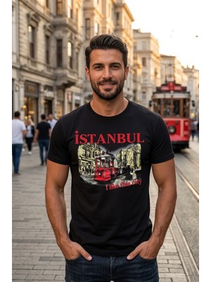 Exve Exclusive Siyah Üzerine Kırmızı Istanbul Yazılı Nostaljik Tramvay Fotoğraf Baskılı Erkek Tişört Pamuk Penye T-Shirt