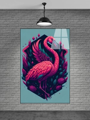 Marsilyan Flamingo Kuşu Dekoratif Cam Tablo | Salon ve Ofis Duvar Dekoru | Seri 2E7NRE