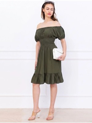 Flu Butik Kadın Karpuz Kol Kısa Elbise Sade Haki