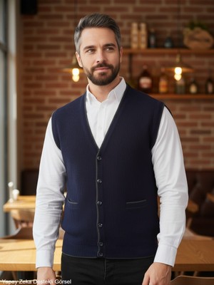 Kamalı Erkek Lacivert V Yaka Triko Düğmeli Cepli Çizgi Desenli Regular Fit Tüylenmeyen Örgü Yelek
