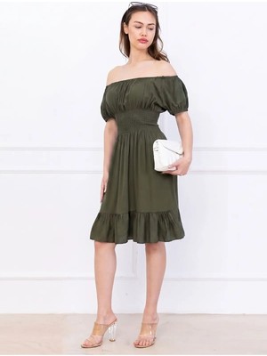 Flu Butik Kadın Karpuz Kol Kısa Elbise Sade Haki