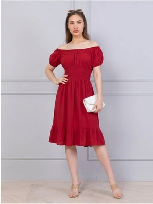 Flu Butik Kadın Karpuz Kollu Kısa Elbise Sade Kırmızı