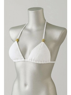 Marsilyan Beyaz Pedli Üçgen Bikini Üstü Halter Bağlamalı Aksesuarlı Esnek Kumaş Kadın Mayo Üstü