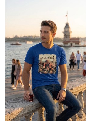 Exve Exclusive Mavi Üzerine Istanbul Yazılı ve Ayasofya Camii Illüstrasyon Baskılı Erkek Tişört Pamuk Penye T-Shirt