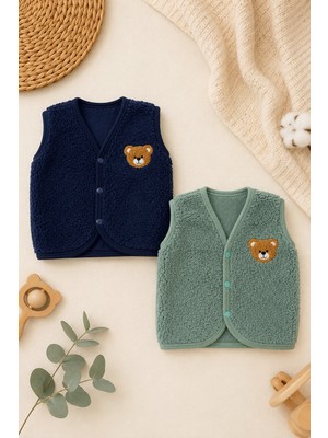 Beniizle Ayıcık Nakışlı Çıtçıtlı Welsoft Unisex 2'li Bebek Yelek