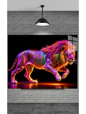 Marsilyan Neon Aslan Dekoratif Cam Tablo | Salon ve Ofis Duvar Dekoru | Seri NB7IN3