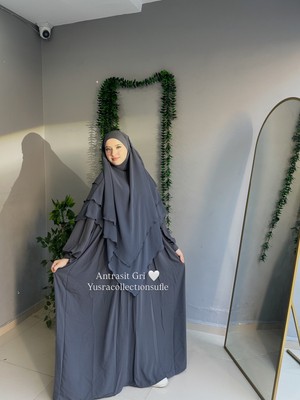 Yüsra Collection Tesettür Liza Kol Bağlama Elbise ve Uzun Boy 3 Katlı Sufle 2'li Takım