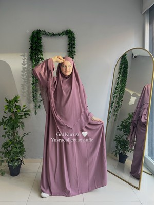 Yüsra Collection Tesettür Liza Kol Bağlama Elbise ve Uzun Boy 3 Katlı Sufle 2'li Takım