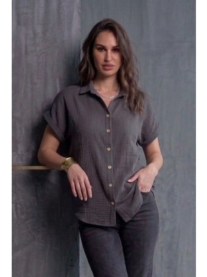 Kozz Style Kadın Müslin Yaka Patlı Tam Düğmeli Gömlek Füme