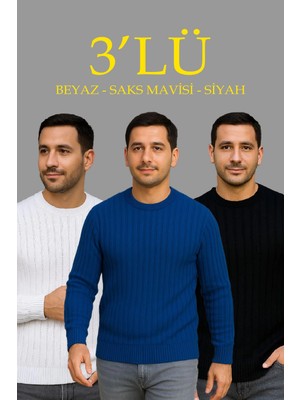 MidasTech Fitilli Triko Kazak 3’lü Set – Beyaz, Saks Mavisi, Siyah | Kalın Dokuma Pamuklu Regular Fit Bi